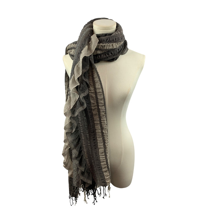 ColdWater Creek Ruffled Gray & Beige Knit Scarf With Fringe