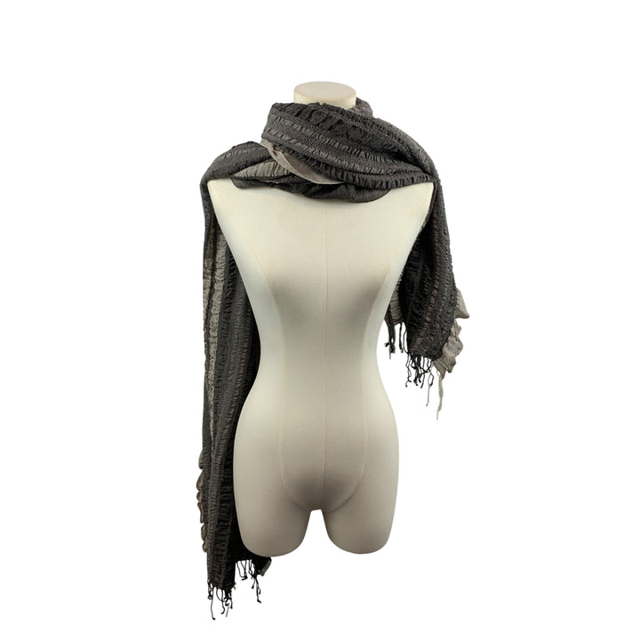 ColdWater Creek Ruffled Gray & Beige Knit Scarf With Fringe