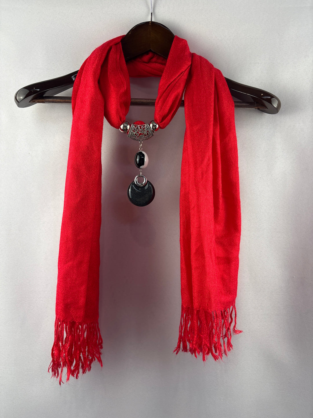 Women’s Pashmina O/S Bright Red Scarf w/ Bead Detail