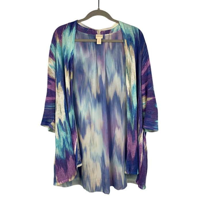 Chicos Womens Open Front Kimono Cardigan Size 3 Multicolor Tie-Dye Print Linen/Viscose Blend 3/4 Sleeves