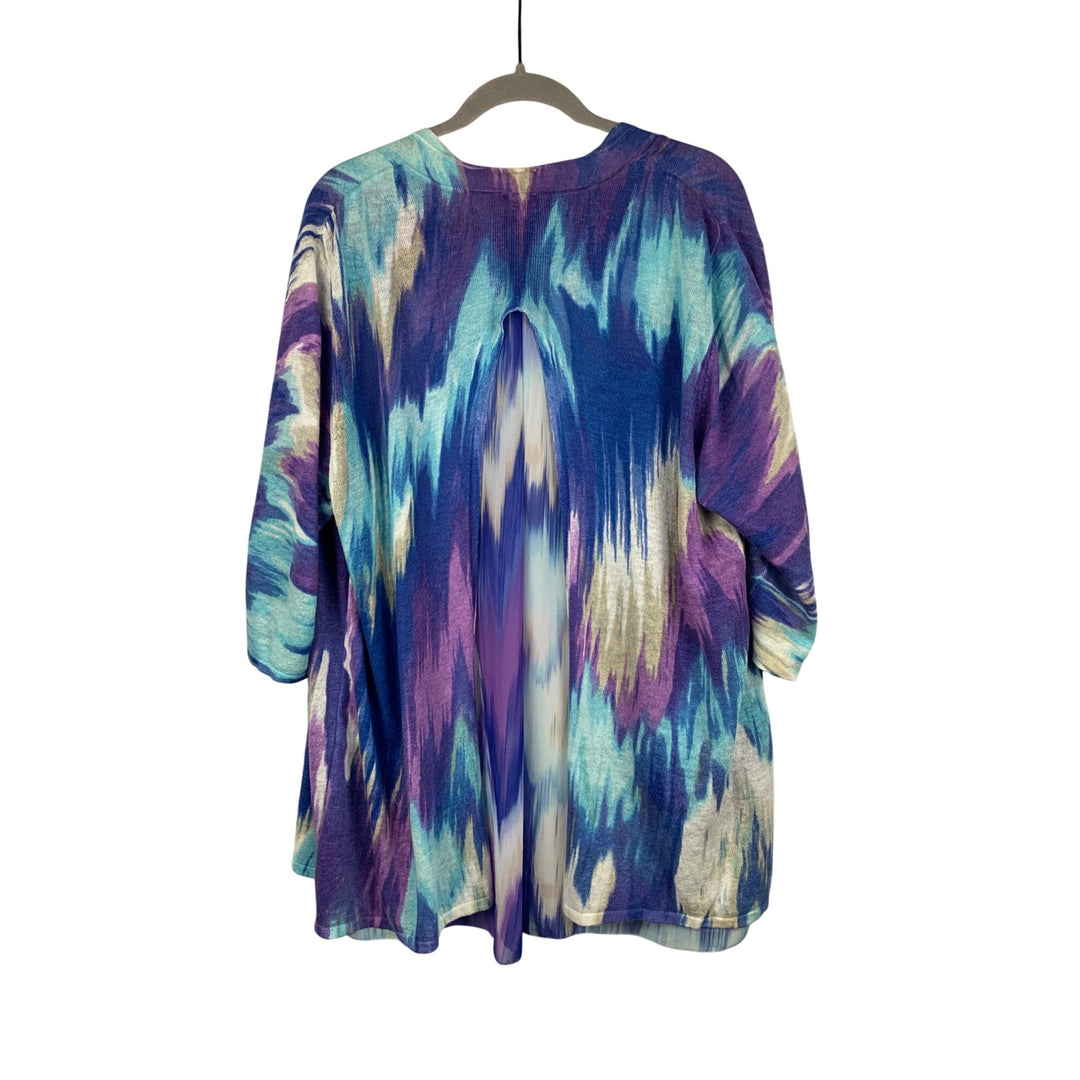 Chicos Womens Open Front Kimono Cardigan Size 3 Multicolor Tie-Dye Print Linen/Viscose Blend 3/4 Sleeves
