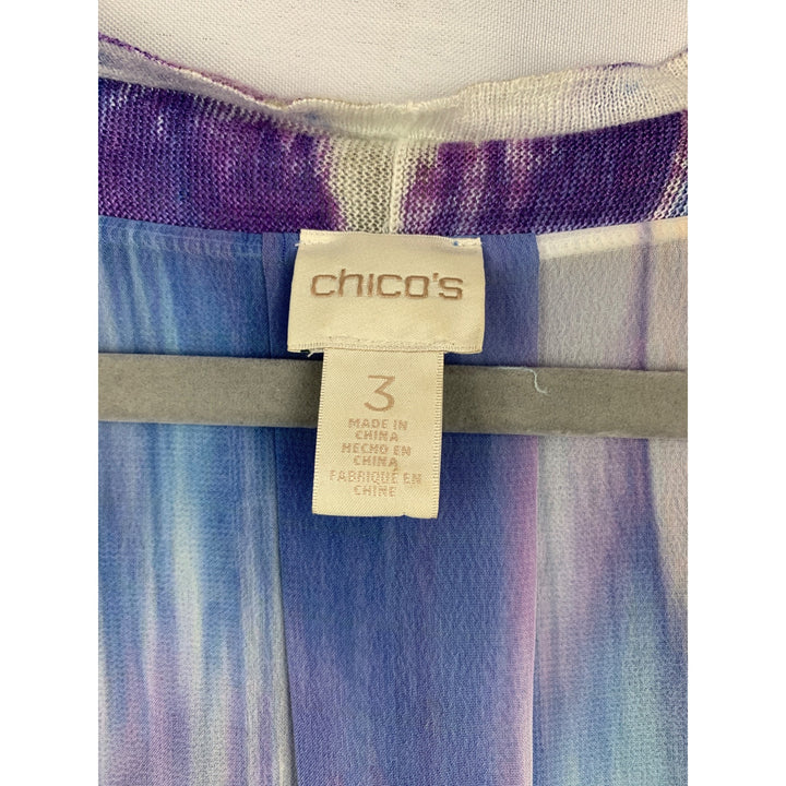 Chicos Womens Open Front Kimono Cardigan Size 3 Multicolor Tie-Dye Print Linen/Viscose Blend 3/4 Sleeves