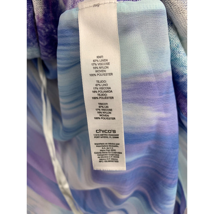 Chicos Womens Open Front Kimono Cardigan Size 3 Multicolor Tie-Dye Print Linen/Viscose Blend 3/4 Sleeves