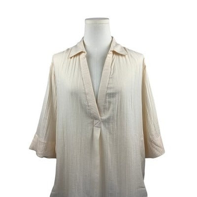 J. Crew Womens Cream Textured Tunic Blouse Size Medium 3/4 Sleeve V-Neck