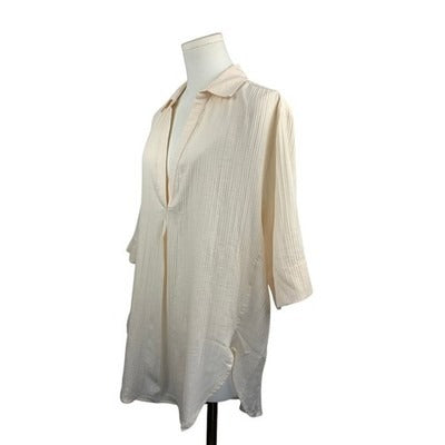 J. Crew Womens Cream Textured Tunic Blouse Size Medium 3/4 Sleeve V-Neck