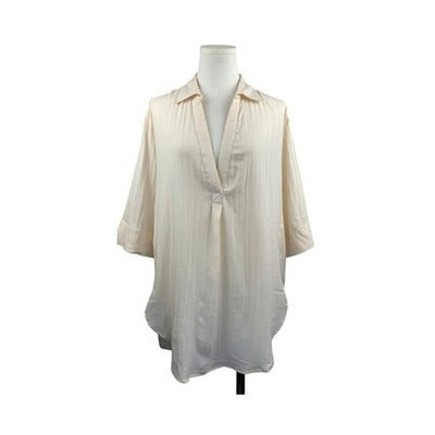 J. Crew Womens Cream Textured Tunic Blouse Size Medium 3/4 Sleeve V-Neck