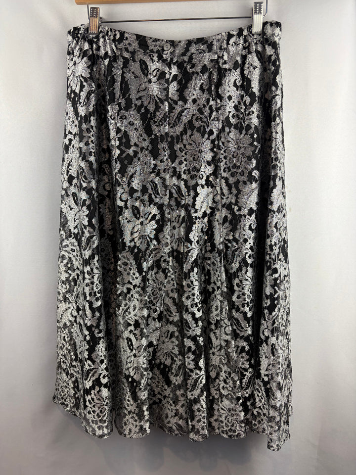 Women’s Chico’s Size 12 Black w/ Silver Florals Midi Skirt
