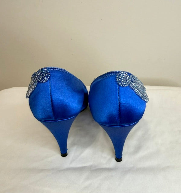 Vintage Nouveau 90s Royal Blue Satin Beaded Pumps Sz 7