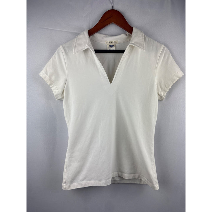 Old Navy Womens White Stretch V-Neck Polo Shirt Medium Cotton Blend