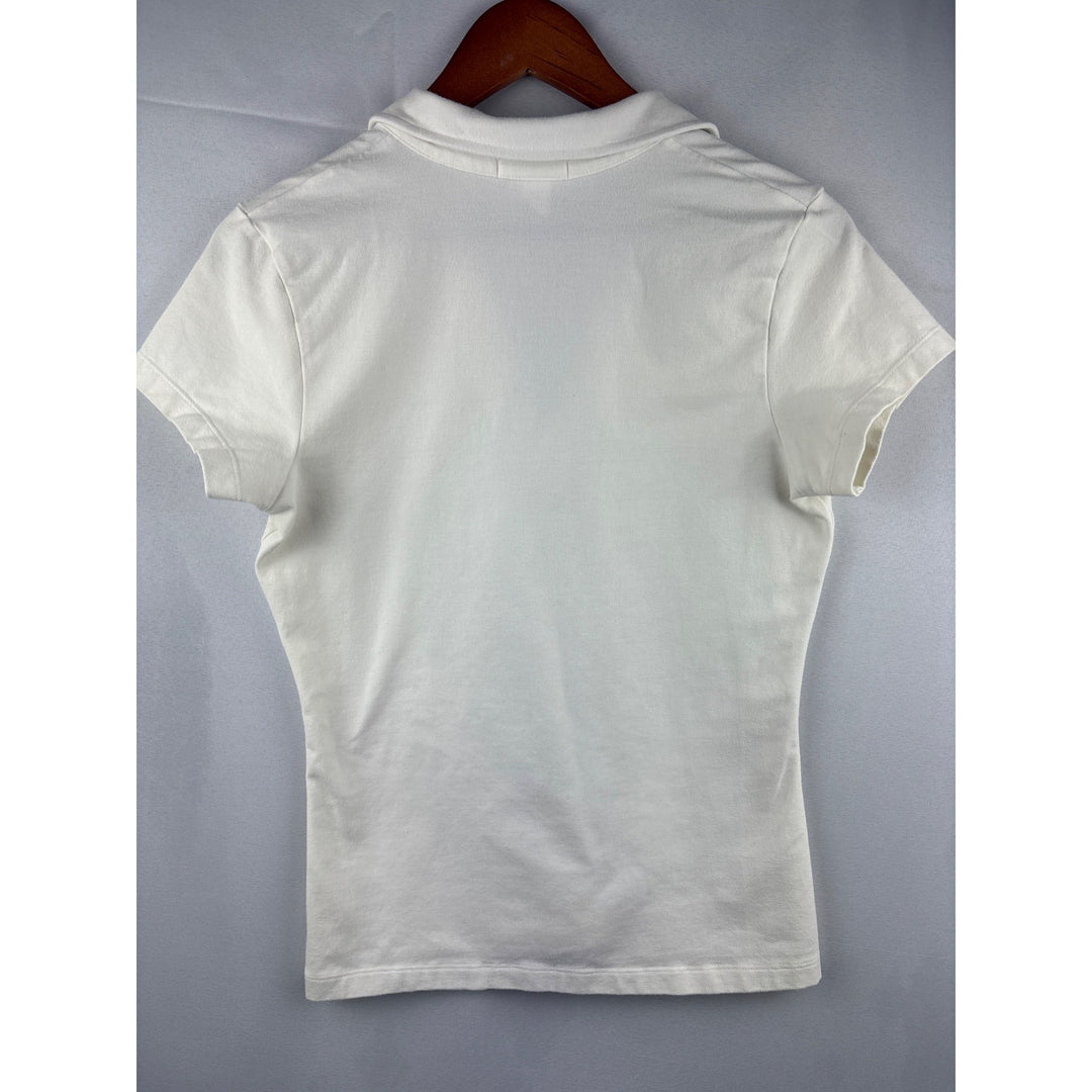 Old Navy Womens White Stretch V-Neck Polo Shirt Medium Cotton Blend