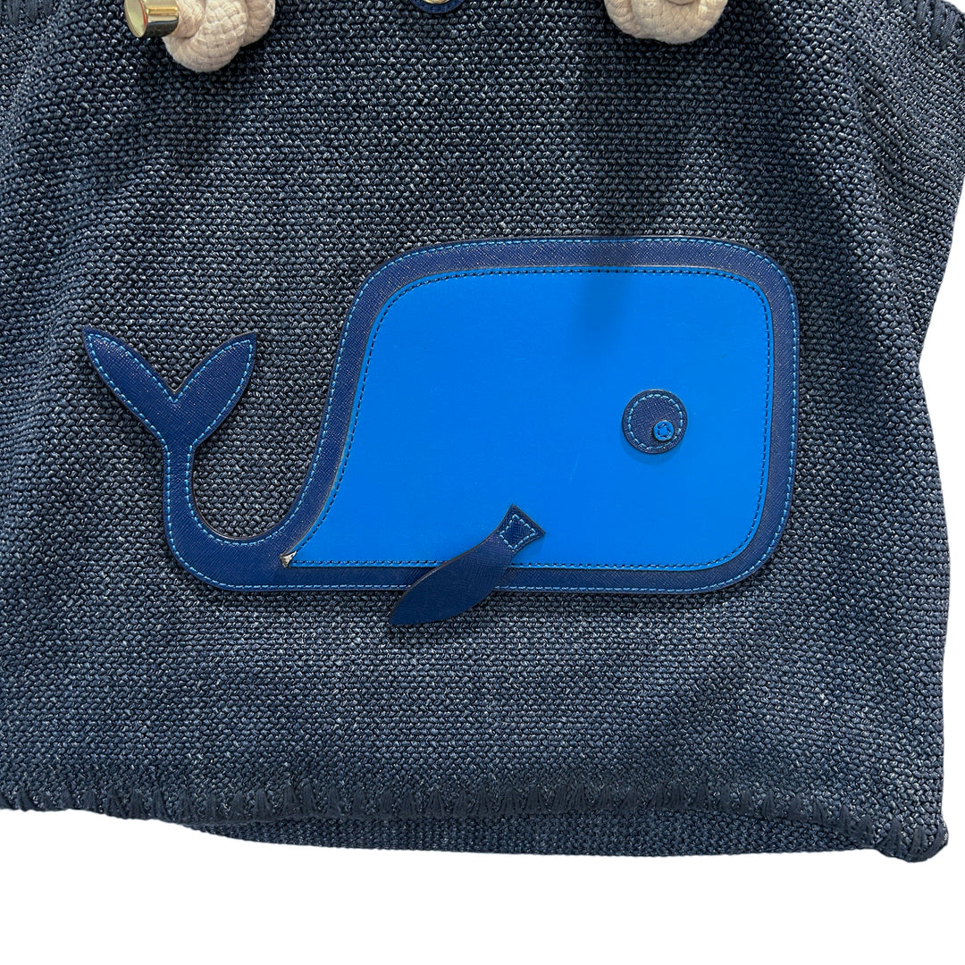 Tory Burch Knotted Whale Beach/Pool Tote Handbag Purse Blue Canvas Nautical Preppy Whimsical Vacatio