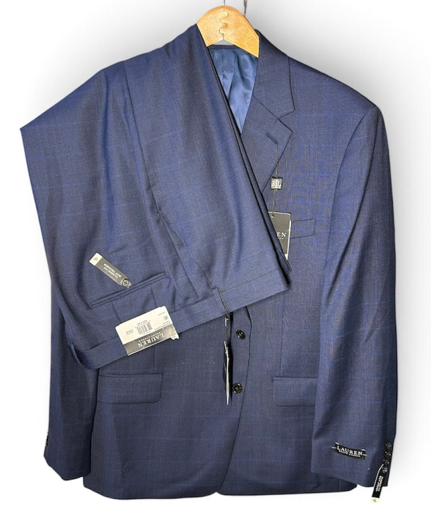Lauren Ralph Lauren Lattimore Men’s Suit 46R 40x30 Navy Blue Plaid Wool Blend