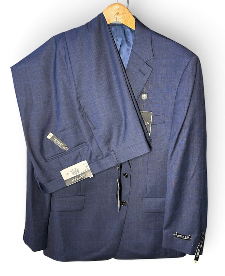 Lauren Ralph Lauren Lattimore Men’s Suit 46R 40x30 Navy Blue Plaid Wool Blend