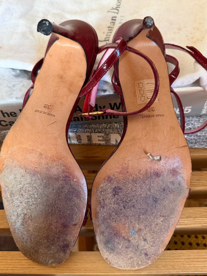 Christian Dior Burgundy Patent Leather CD Logo Ankle Strap Sandals Heels EU 38