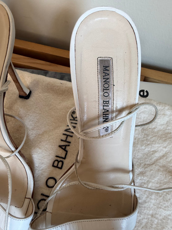 Manolo Blahnik White Leather Lace-Up Sandals Heels Size 37.5