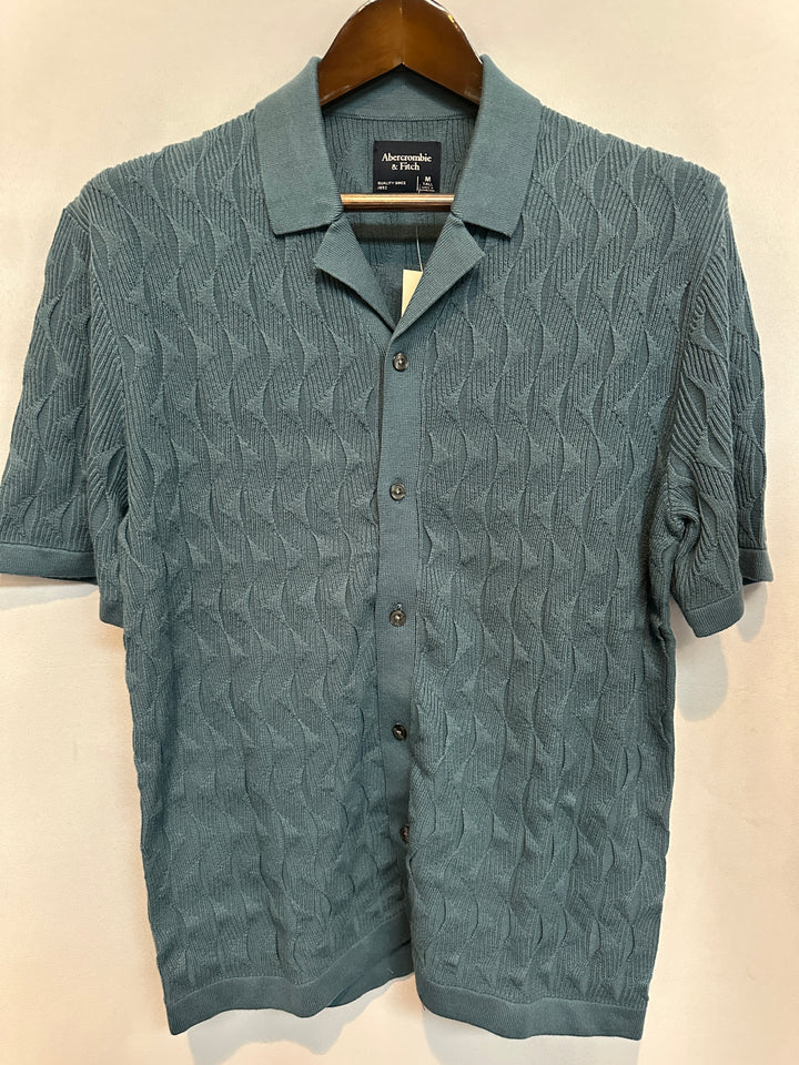 Men’s Abercrombie & Fitch Teal Cable-Knit Short-Sleeve Polo Size M