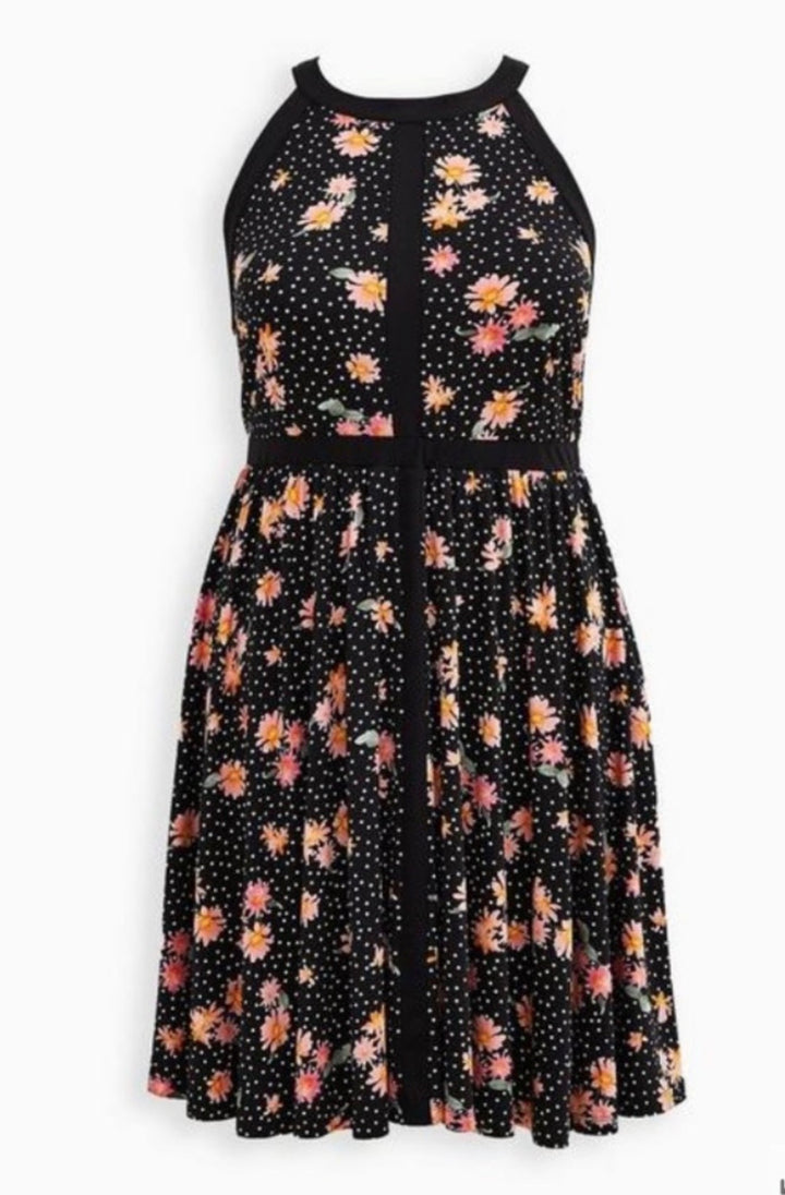 Torrid Floral Polka Dot Studio Knit Skater Dress Sz1X(14-16) NWT