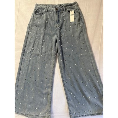 Yozy Wide-Leg Denim Pants With Pearl Embellishments
