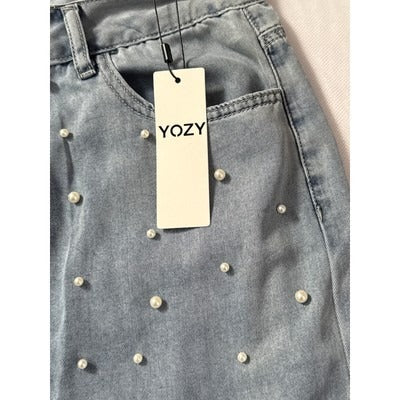 Yozy Wide-Leg Denim Pants With Pearl Embellishments