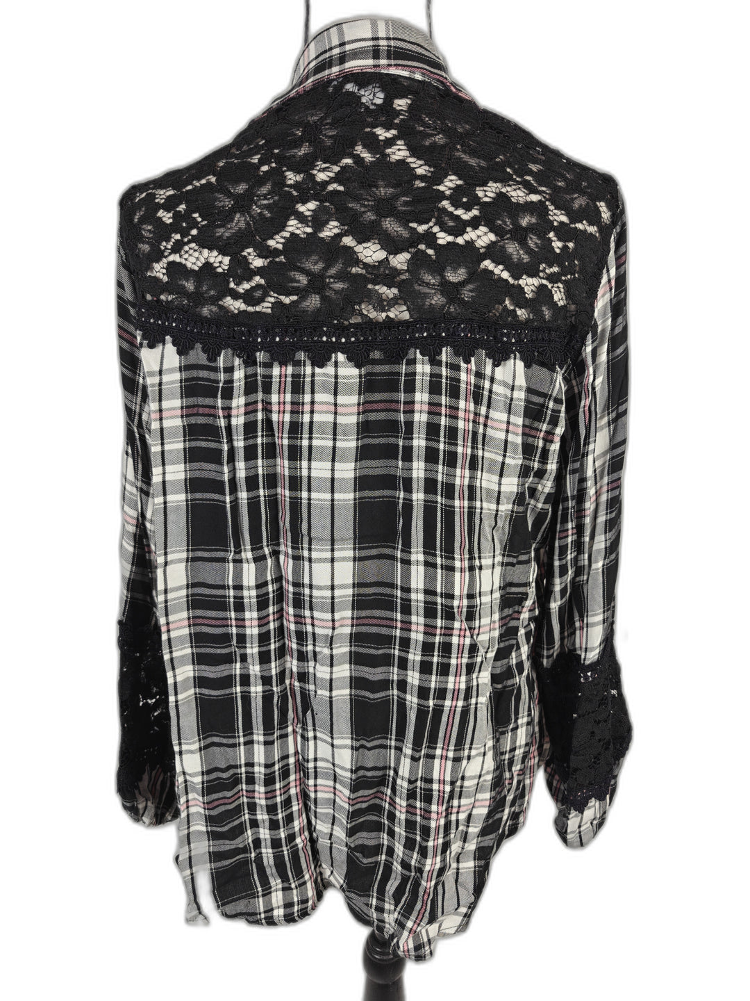 Women’s Atina Cristina Plaid Lace Tunic Blouse Black White Pink Medium