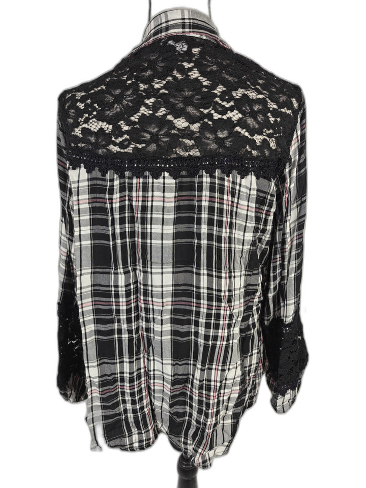 Women’s Atina Cristina Plaid Lace Tunic Blouse Black White Pink Medium