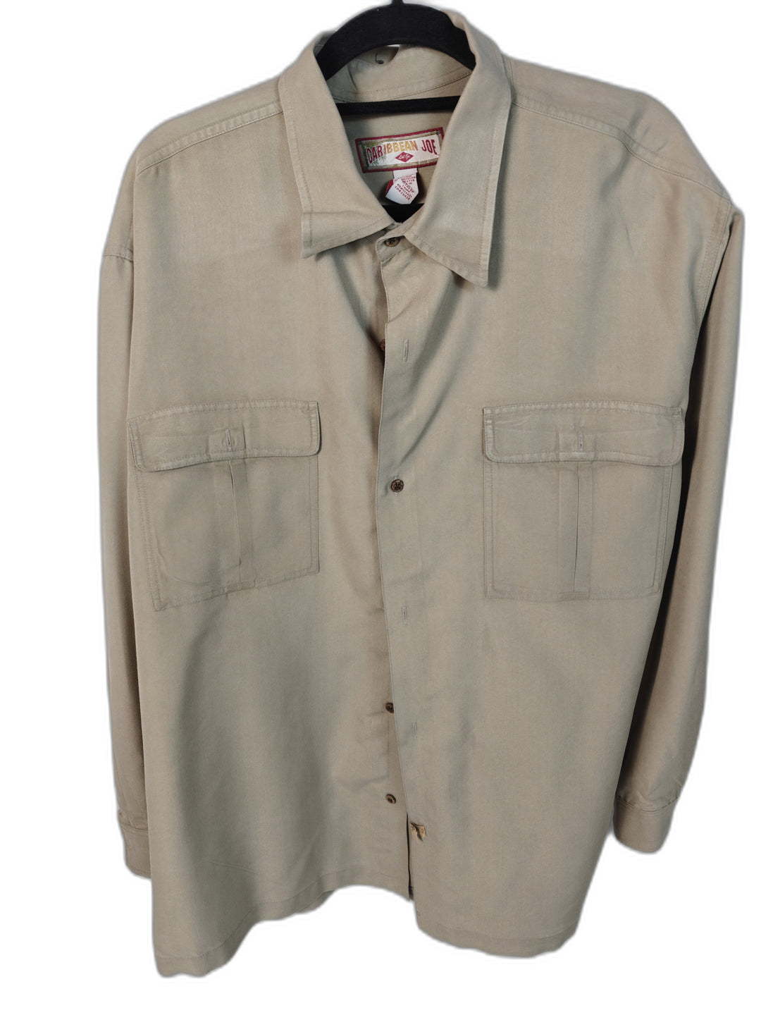 Caribbean Joe Lee Men's XXL Tan Button Front Shirt Rayon Blend Long Sleeve Utility Casual