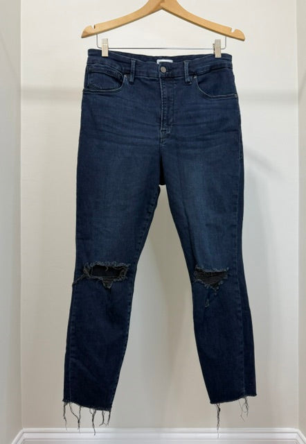 Good American High‑Rise Distressed Skinny Jeans Sz15 (Ankle, Dark Wash)