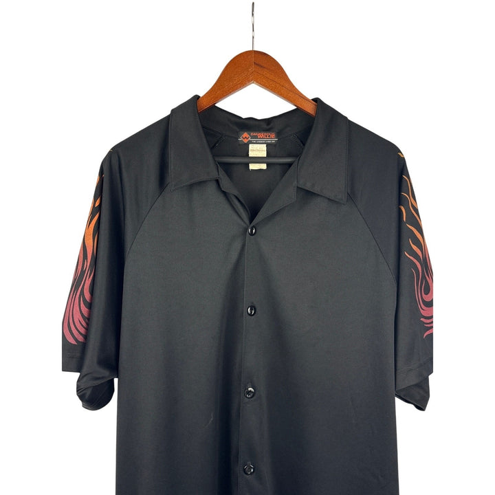 Men’s Dangerous Willie Black Bowling Shirt with Flames Sleeves. Size M