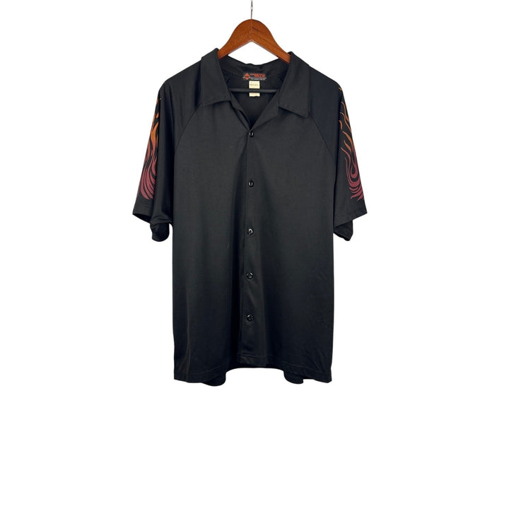 Men’s Dangerous Willie Black Bowling Shirt with Flames Sleeves. Size M