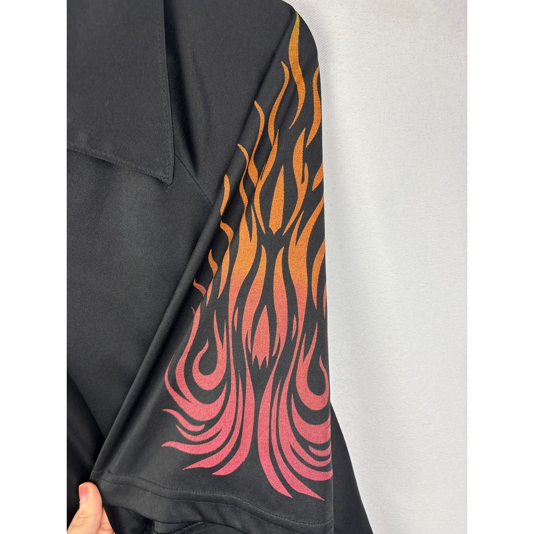 Men’s Dangerous Willie Black Bowling Shirt with Flames Sleeves. Size M
