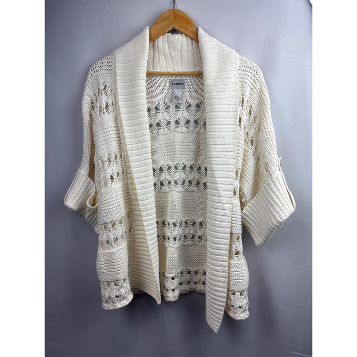 Chicos Womens Open Weave Cardigan Sweater Size XL 100% Cotton Ribbed Shawl Collar & Cuffed Sleeves Ivory