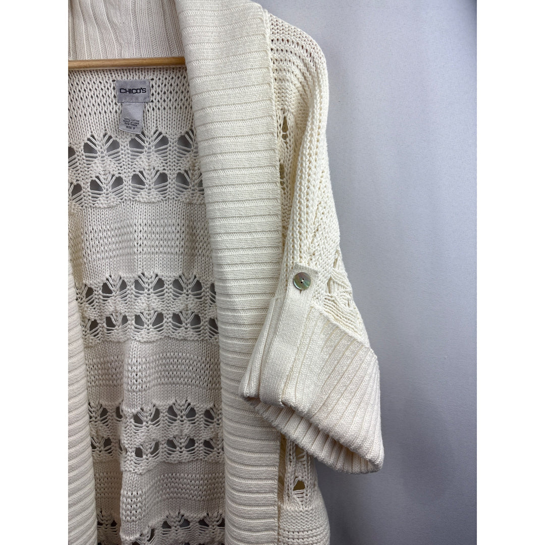 Chicos Womens Open Weave Cardigan Sweater Size XL 100% Cotton Ribbed Shawl Collar & Cuffed Sleeves Ivory