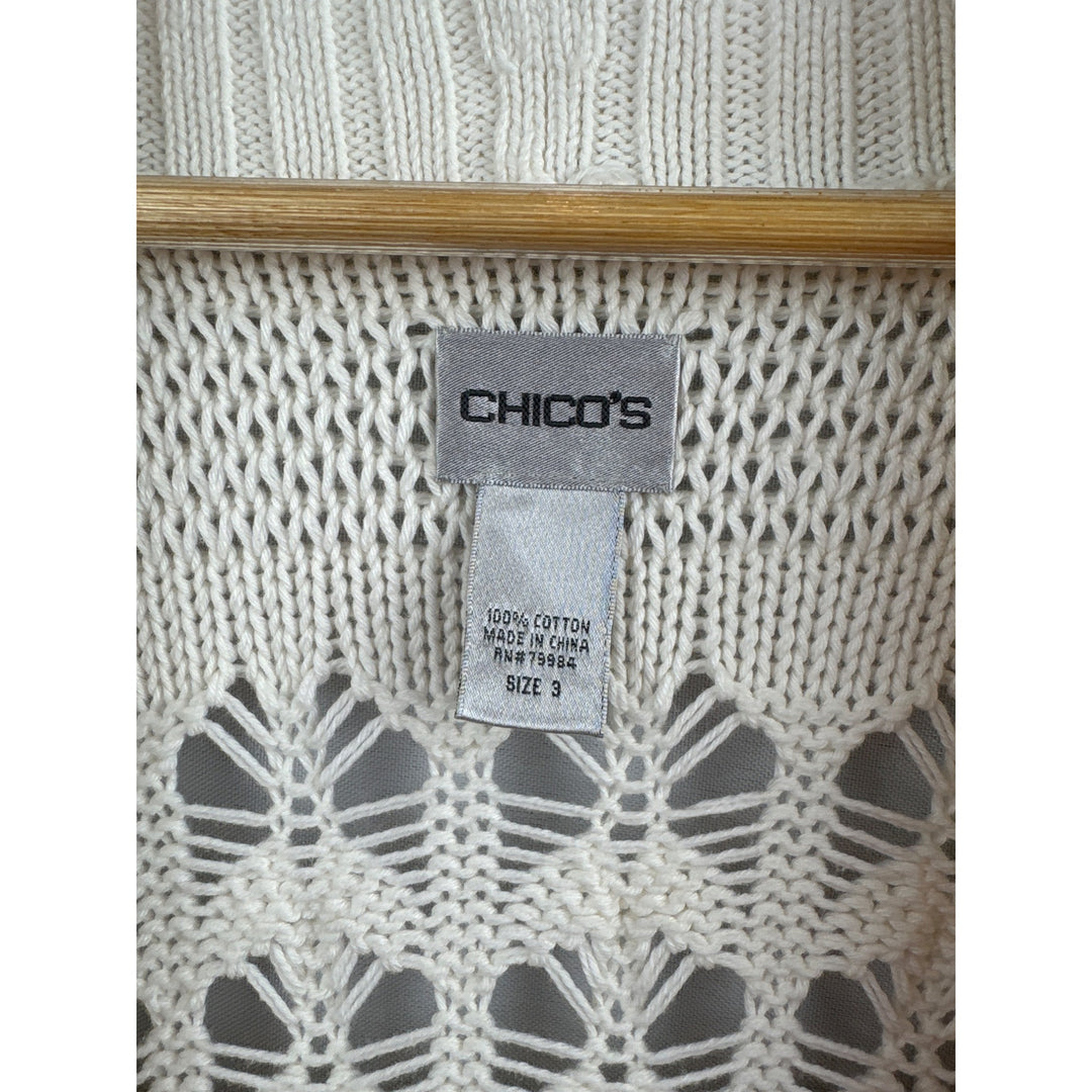 Chicos Womens Open Weave Cardigan Sweater Size XL 100% Cotton Ribbed Shawl Collar & Cuffed Sleeves Ivory