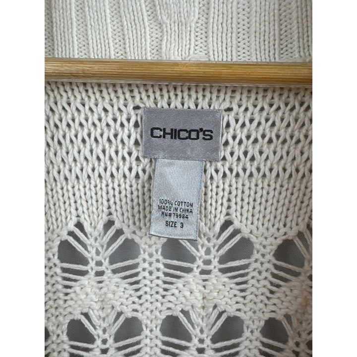 Chicos Womens Open Weave Cardigan Sweater Size XL 100% Cotton Ribbed Shawl Collar & Cuffed Sleeves Ivory