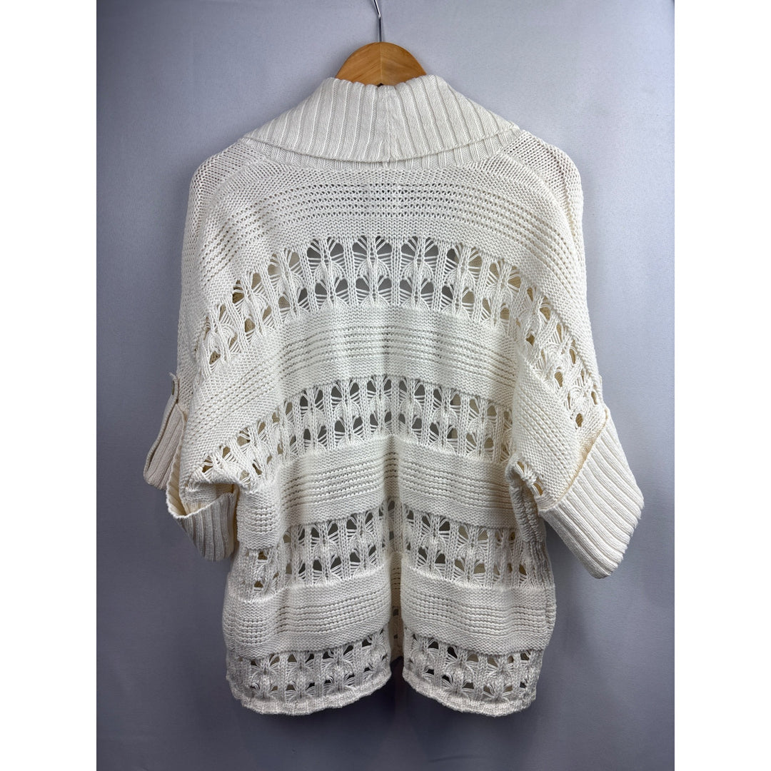 Chicos Womens Open Weave Cardigan Sweater Size XL 100% Cotton Ribbed Shawl Collar & Cuffed Sleeves Ivory