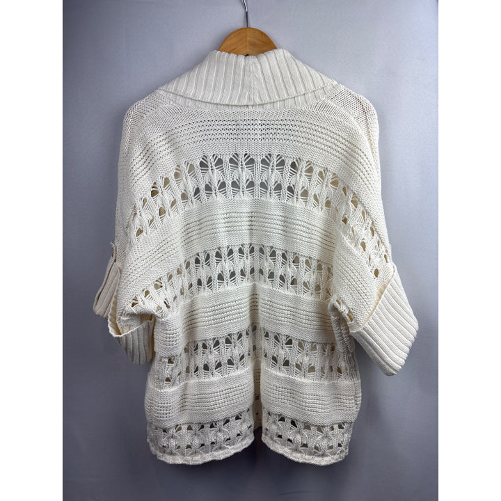 Chicos Womens Open Weave Cardigan Sweater Size XL 100% Cotton Ribbed Shawl Collar & Cuffed Sleeves Ivory