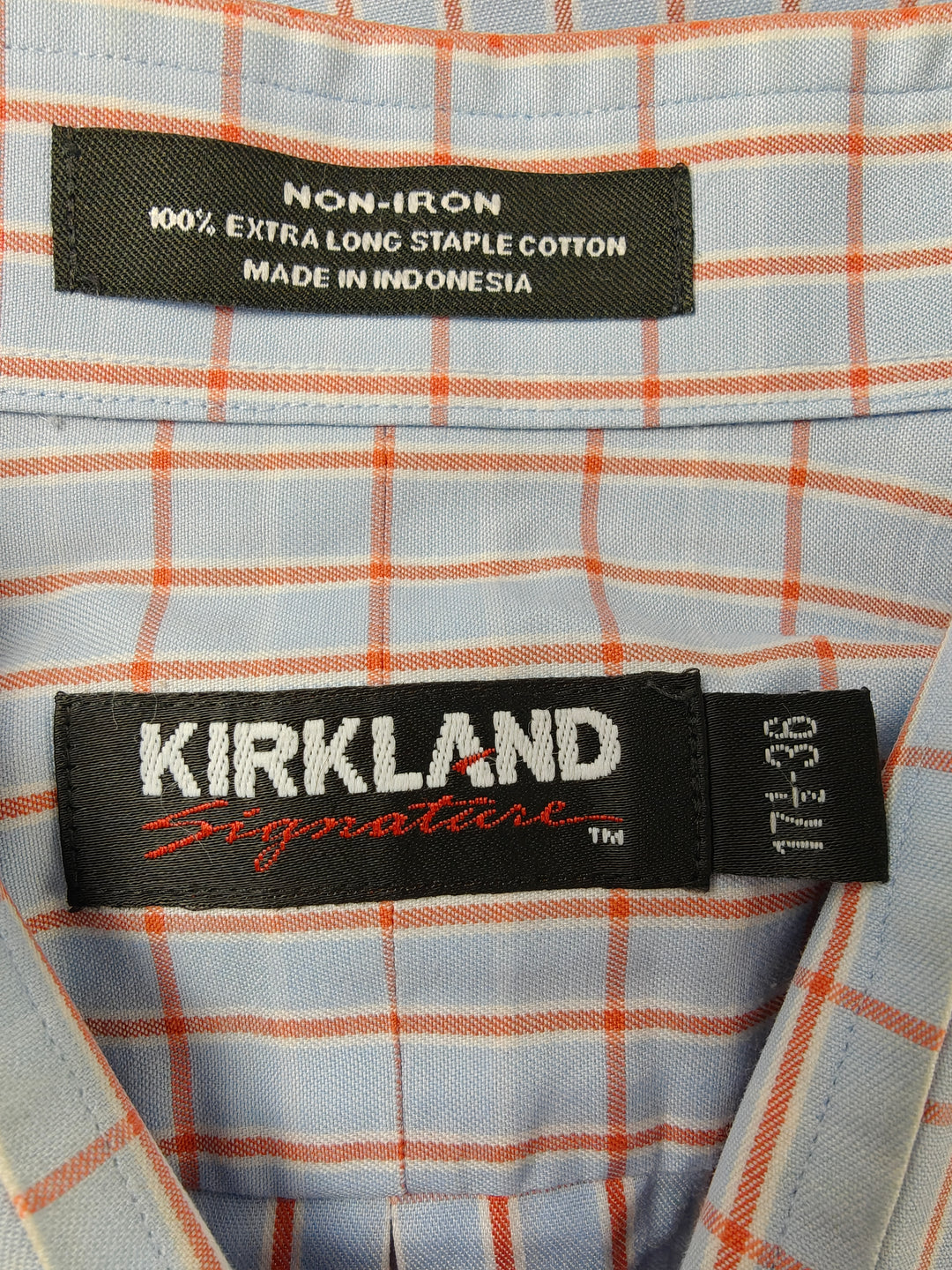 Men’s Kirkland Signature Dress Shirt Blue Orange Plaid Size 17.5 34/35