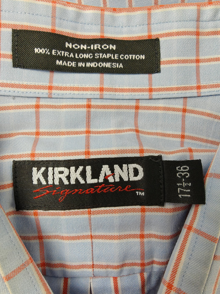 Men’s Kirkland Signature Dress Shirt Blue Orange Plaid Size 17.5 34/35
