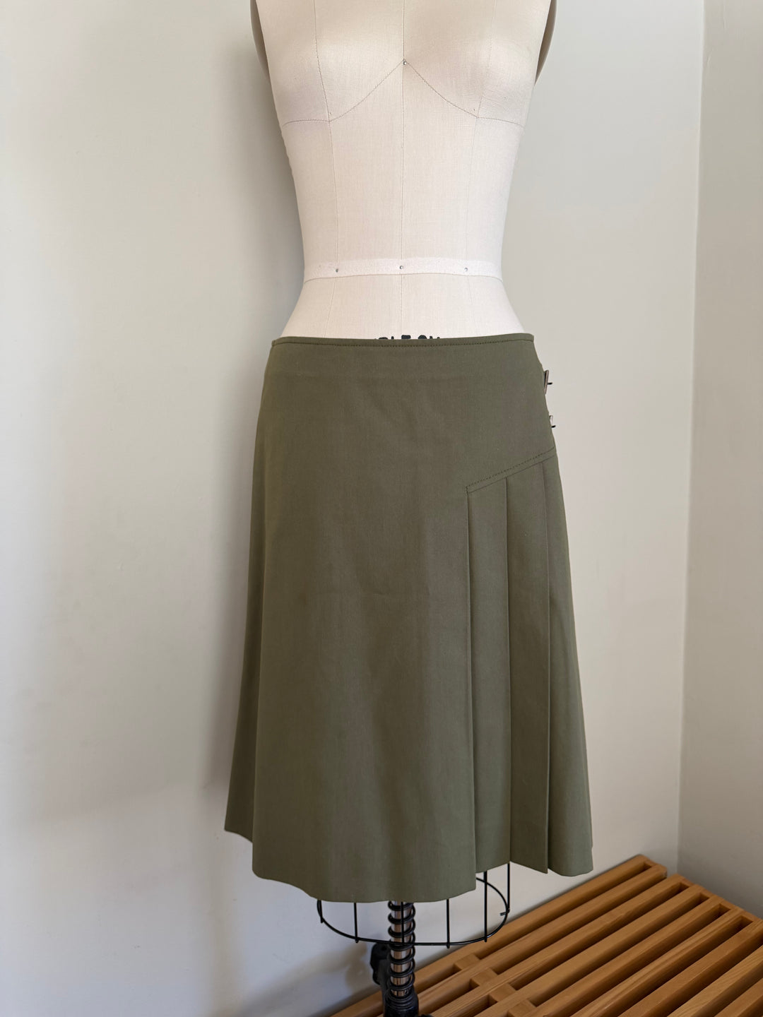 Christian Dior by John Galliano Olive Cotton Pleated Buckle Skirt FR38