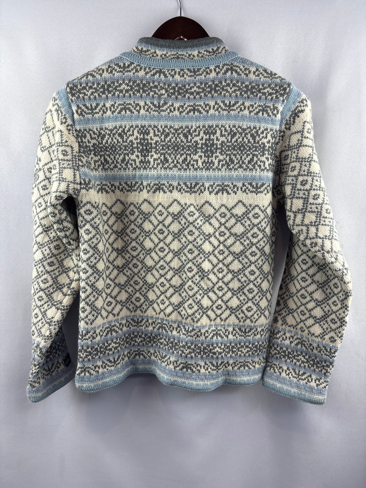 Women’s Ice Wear Small Cream Blue Gray Patterned Cardigan