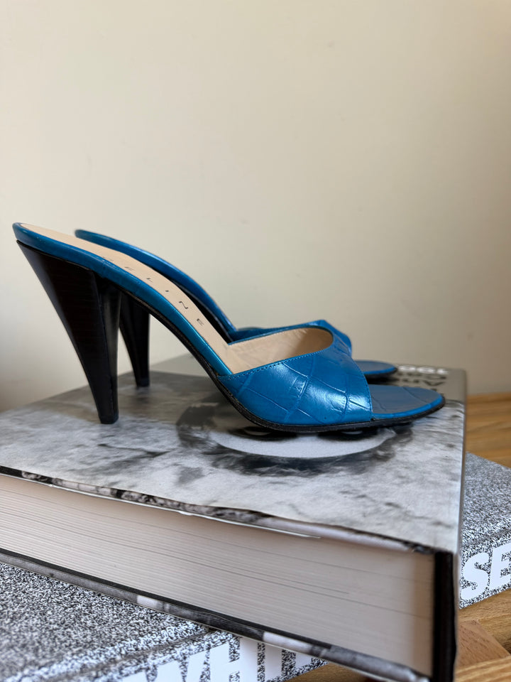 Vintage Celine Blue Croc Embossed Leather Heeled Mules 38.5