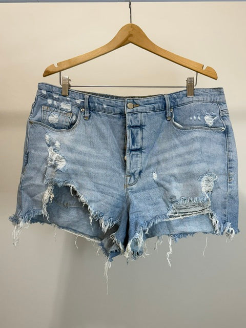 Good American Distressed Denim Shorts Button Fly Raw Hem Sz16(33/34)