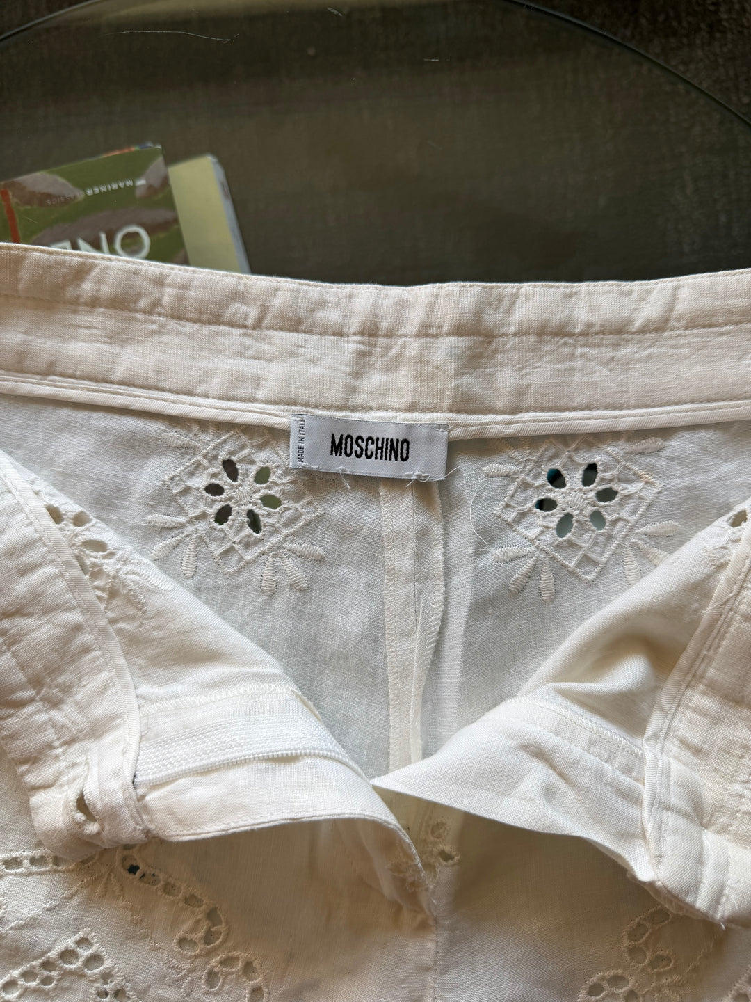 Vintage Moschino White Linen Eyelet Embroidered Pants Trousers