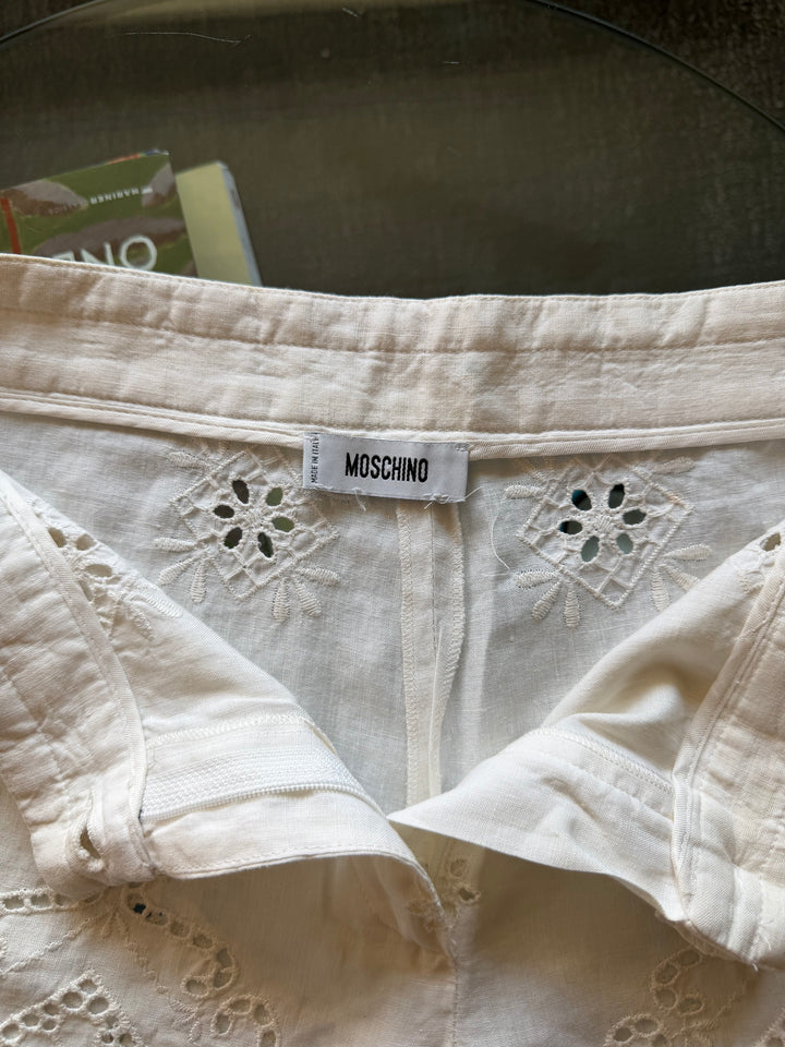 Vintage Moschino White Linen Eyelet Embroidered Pants Trousers