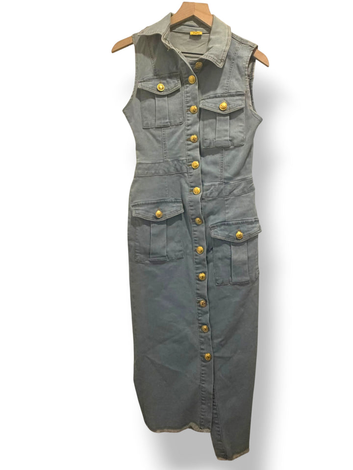 Daisy Denim Utility Midi Dress Gold Buttons Frayed Hem Stretchy Size Medium
