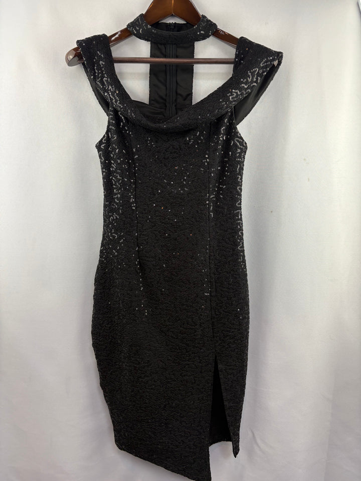 Women’s Luxxel Medium Black Sequin Off the Shoulder Evening Dress