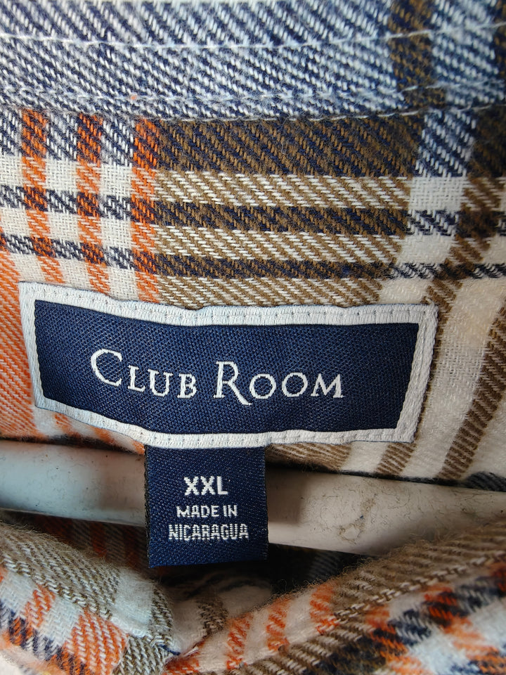 Club Room Men's XXL Plaid Flannel Shirt Button Down Long Sleeve Cotton Orange Blue