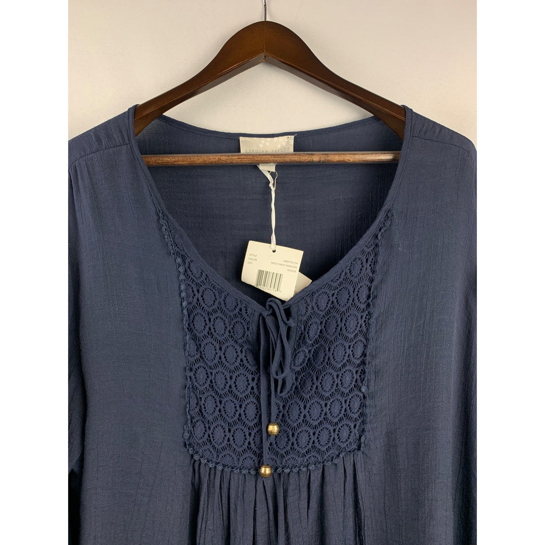 Women’s Carolyn Taylor Blue 3/4 Bell Sleeve Notch Neck with Lace Yoke Size 2X