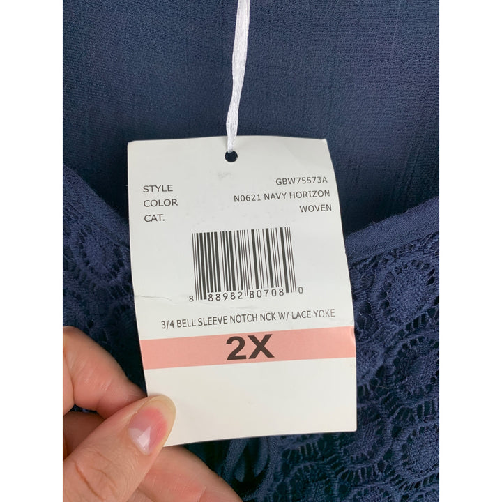 Women’s Carolyn Taylor Blue 3/4 Bell Sleeve Notch Neck with Lace Yoke Size 2X