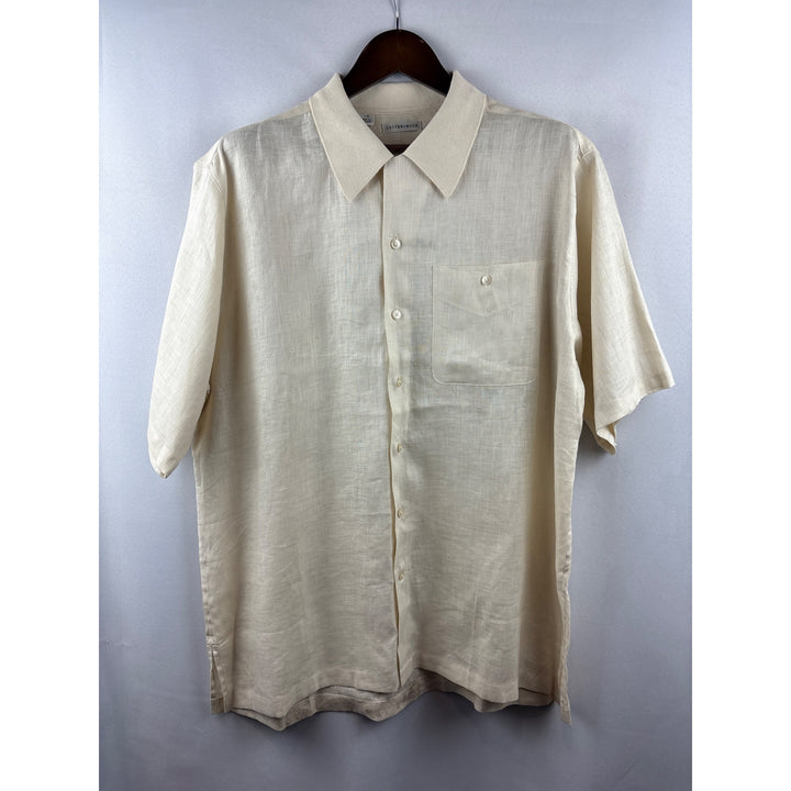 Men’s Cutter & Buck Large Cream Short Sleeve Linen Button Up